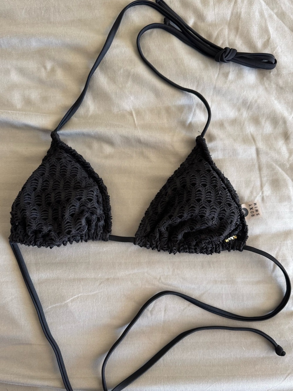 Roxy Black Swim Label Top Crochet, Gold ROXY on outside